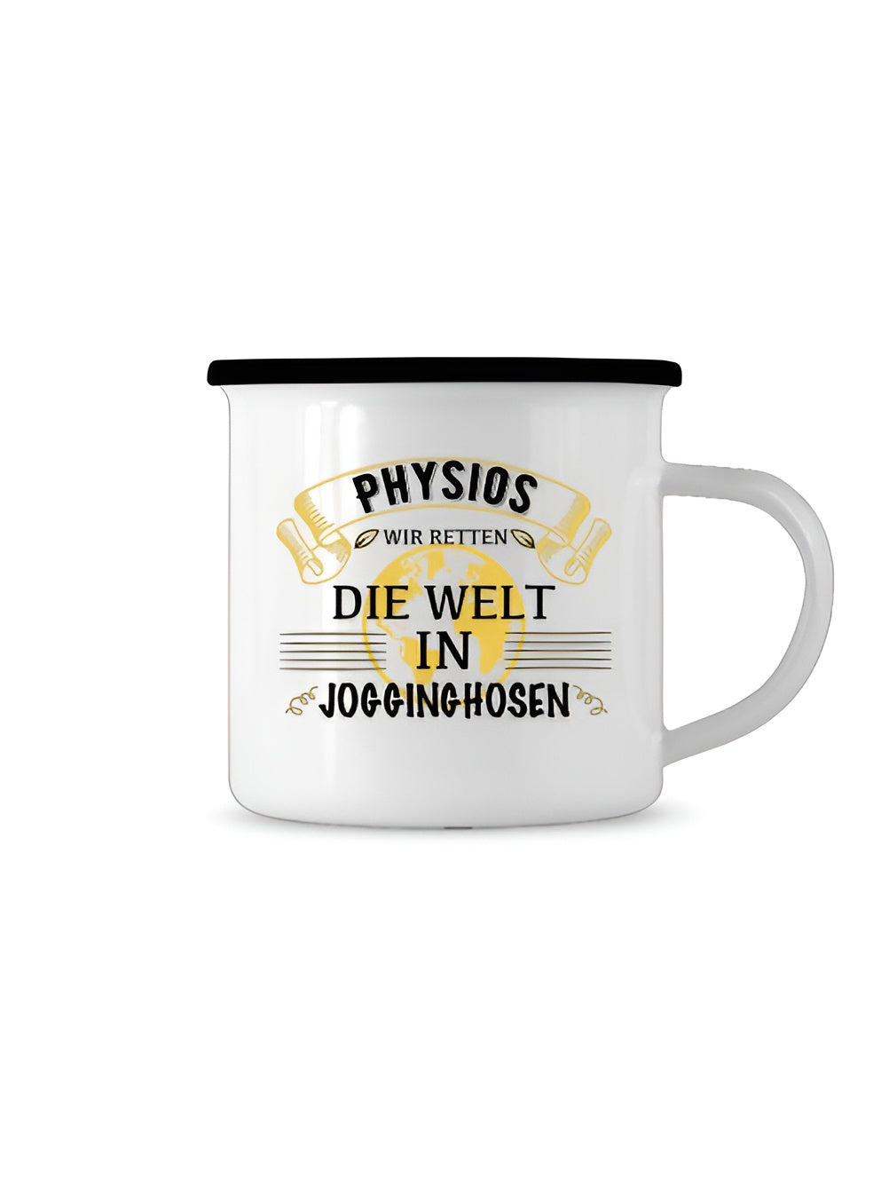 Weiße Emaille Tasse mit schwarzem Rand und dem Spruch „Physios retten die Welt in Jogginghosen“ – perfektes Geschenk für Physiotherapeuten.