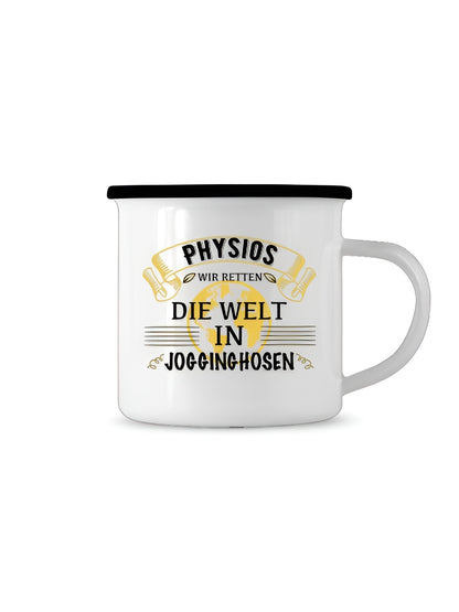Weiße Emaille Tasse mit schwarzem Rand und dem Spruch „Physios retten die Welt in Jogginghosen“ – perfektes Geschenk für Physiotherapeuten.